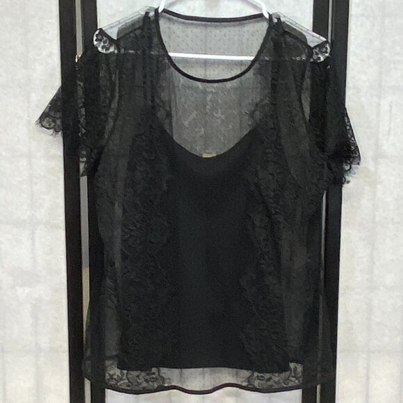 Worthington Black Sheer Dot Mesh Lace Short Sleeve Top & Camisole Dressy Blouse - Picture 1 of 13